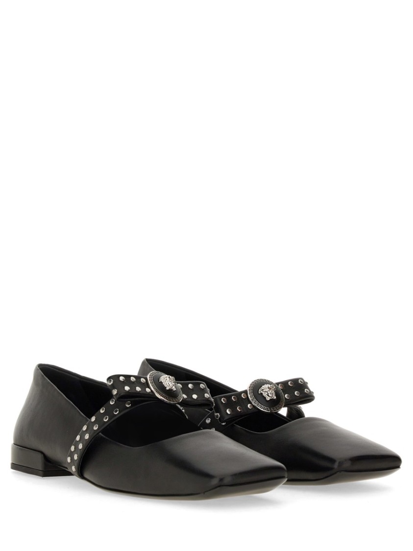 Versace Gianni Ribbon Leather Ballerina Flats With Studded Bow In Black