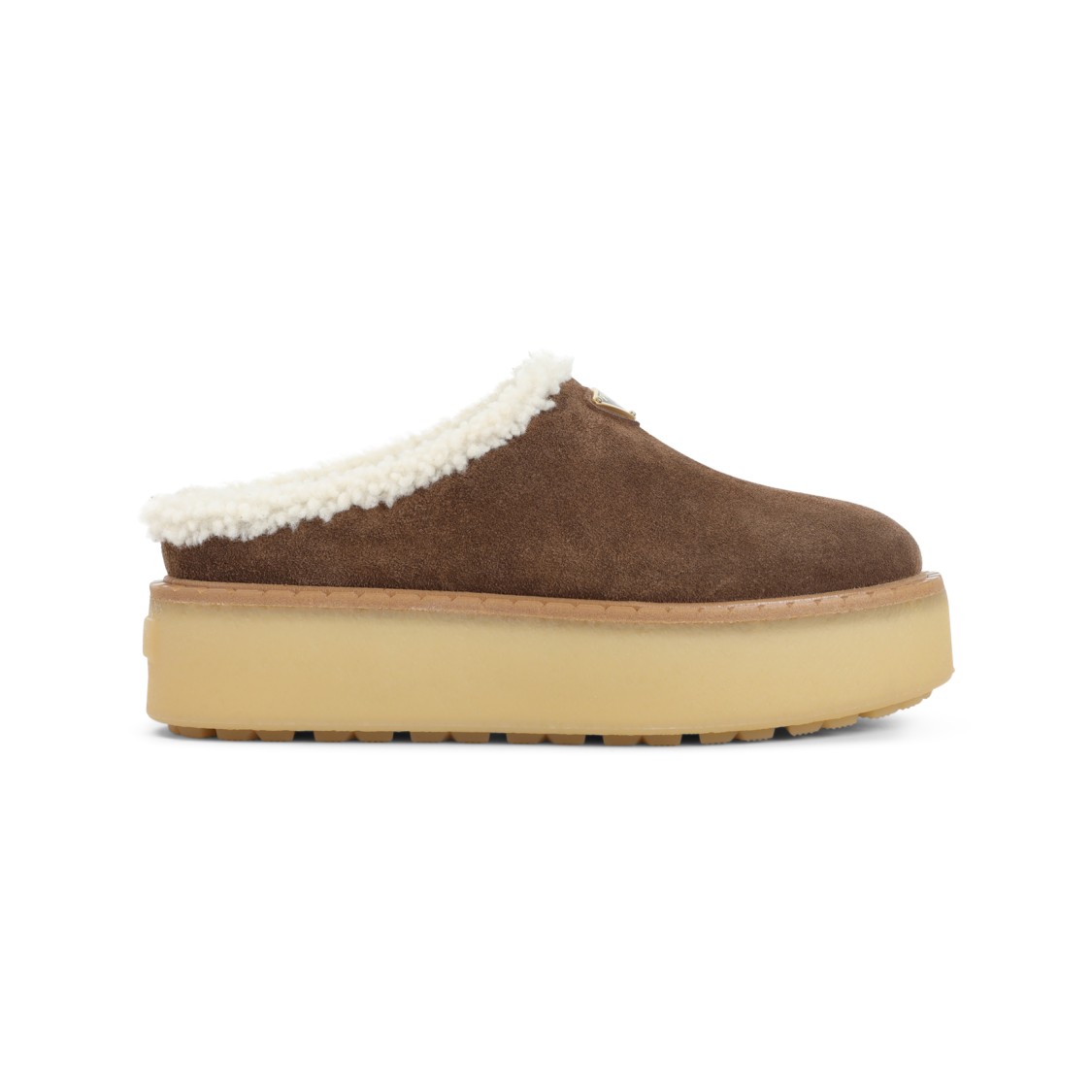 Prada Brown Slippers With Plush Shearling Lining In Neutral