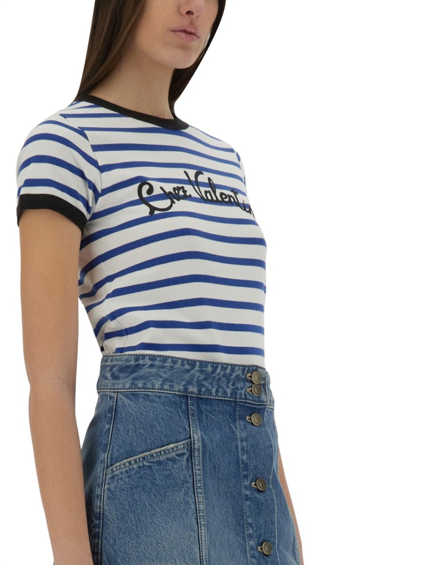 Valentino Womens Striped Embroidered Cotton-jersey T-shirt Avorio Blu