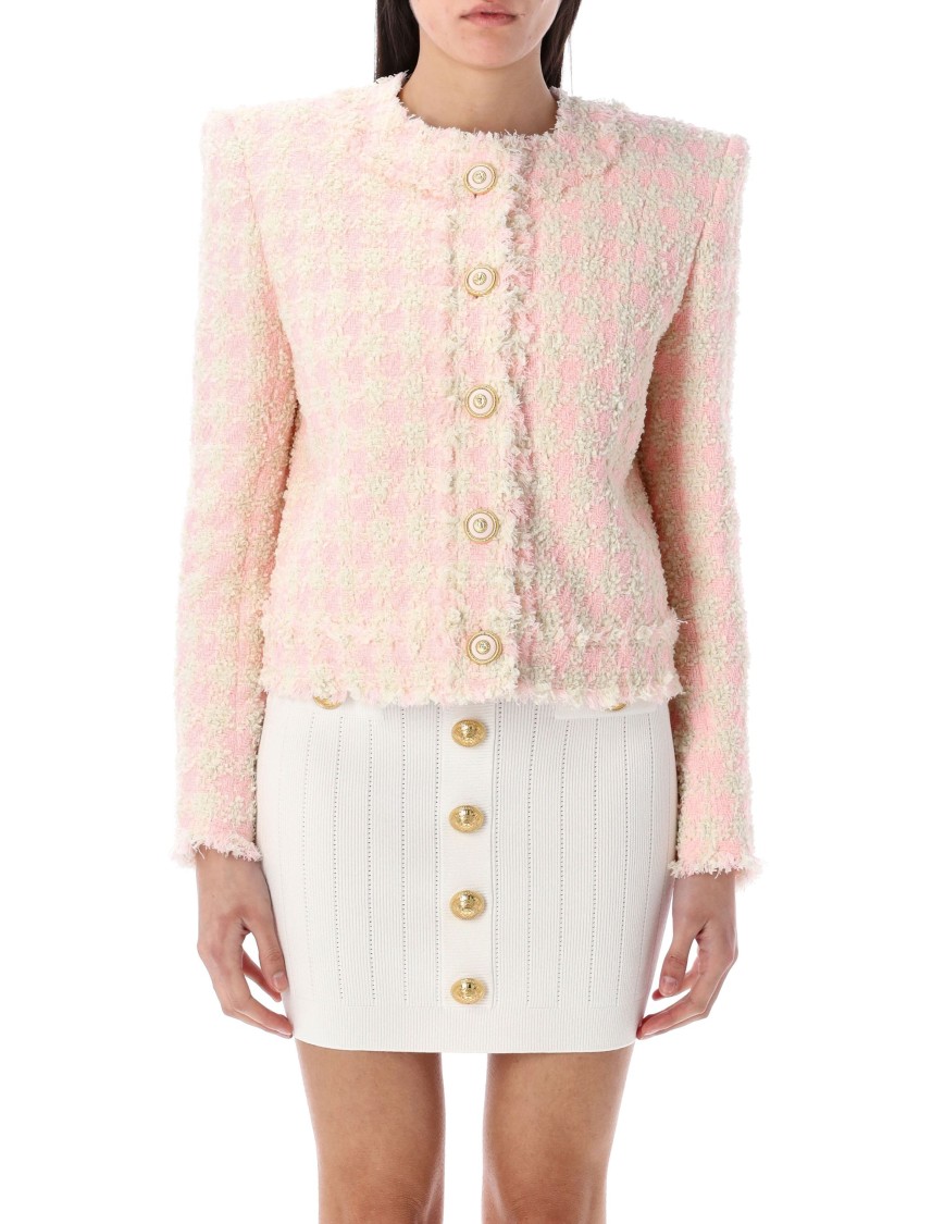 Balmain Five-button Collarless Tweed Jacket In Pink