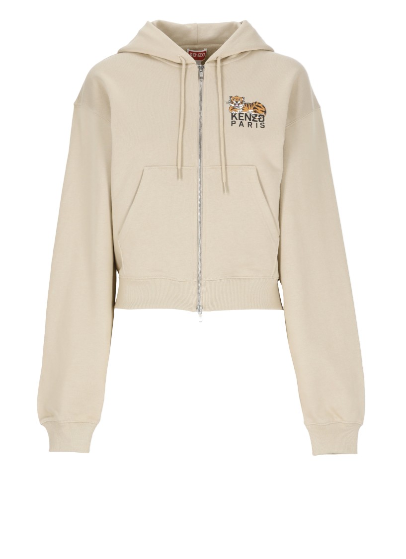 Kenzo Tiger Logo Hooded Cotton Sweatshirt In Neutral