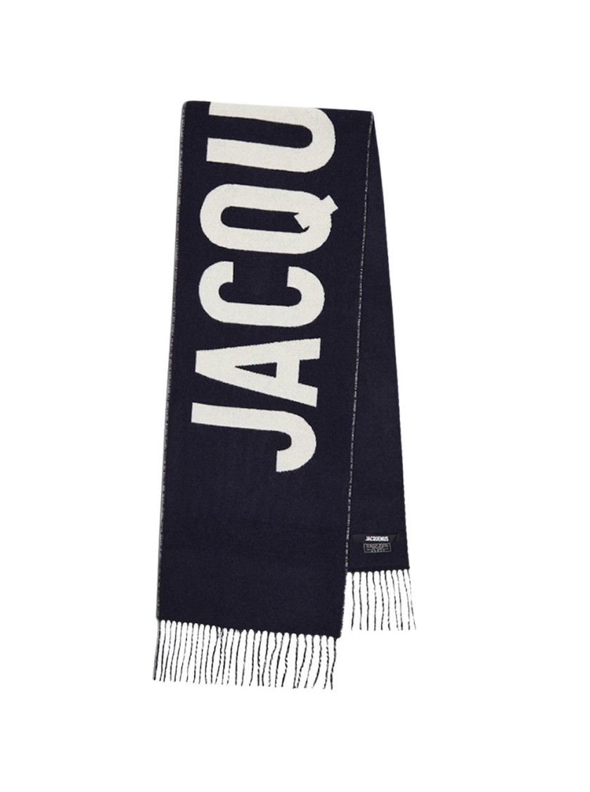 Jacquemus Fringe Logo Scarf In Blue