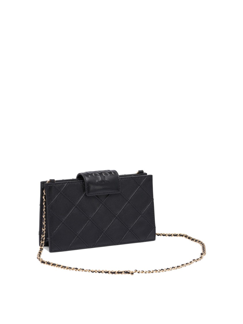 Tory Burch Fleming Mini Chain Wallet In Quilted Leather Design In Black