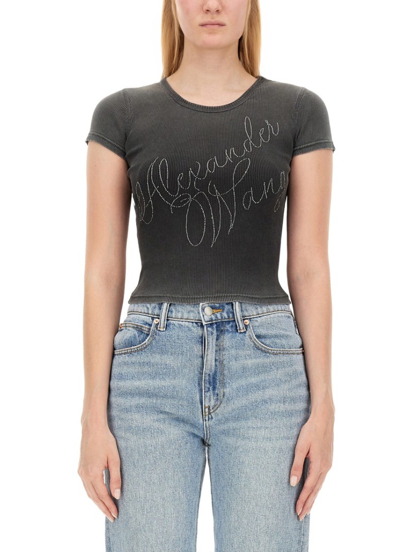 Alexander Wang Crystal Hotfix Tee In Ribbed Jersey In Grey