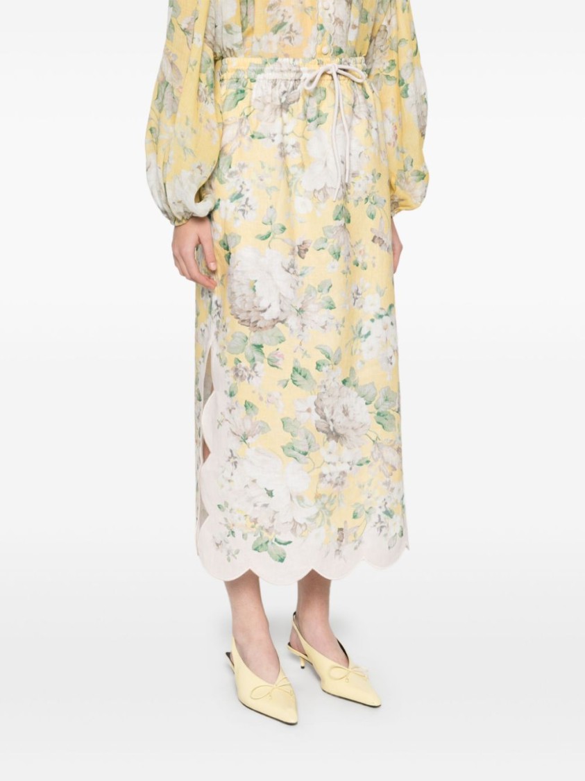 Zimmermann Acacia Scalloped Floral-print Linen Midi Skirt In Neutrals