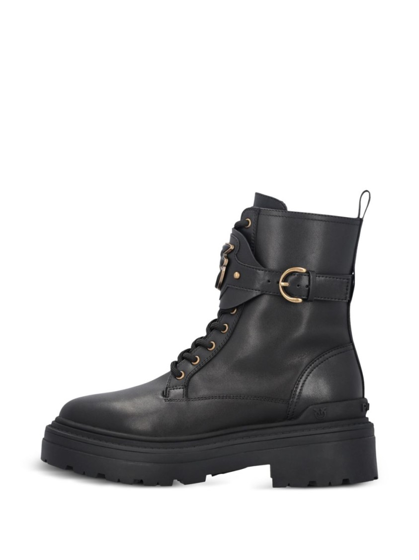 Pinko Chunky Platform Black Leather Boots With Decorative Buckle In Black