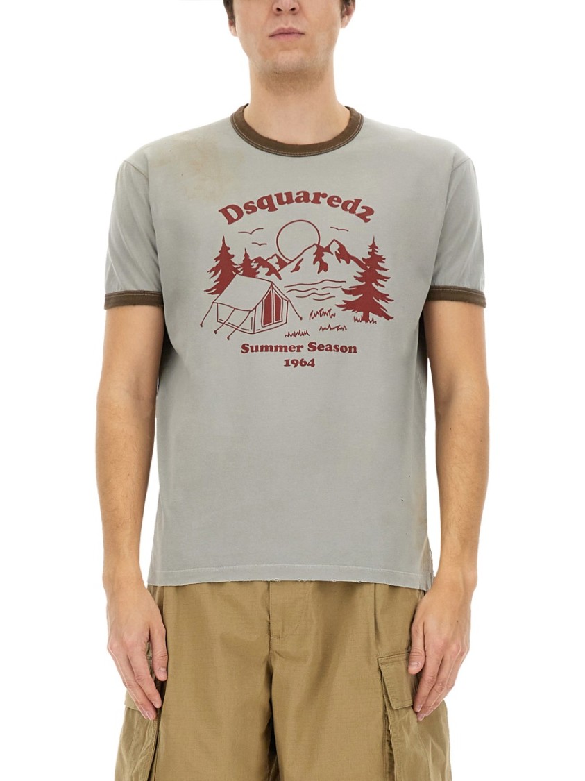 Dsquared2 Vintage Print Relaxed-fit T-shirt With Contrasting Trim In Grey