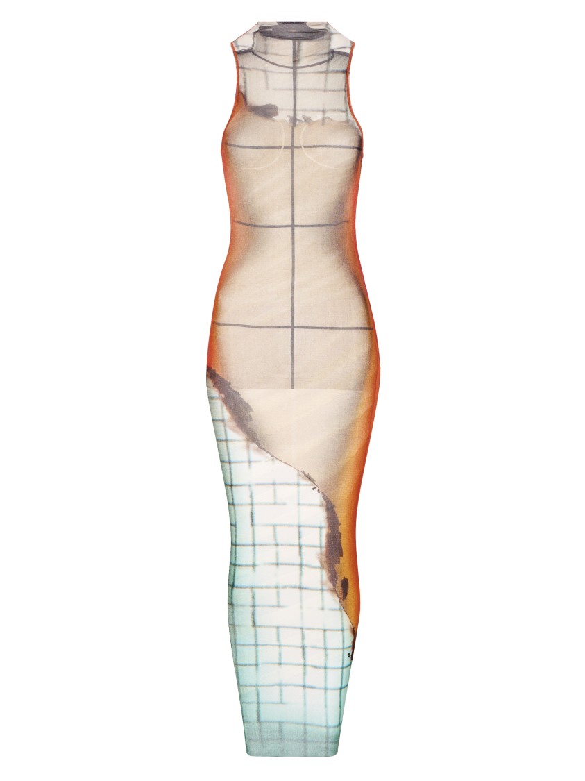 Jean Paul Gaultier Fire Printed Mesh Sleeveless Midi Dress In Neutral