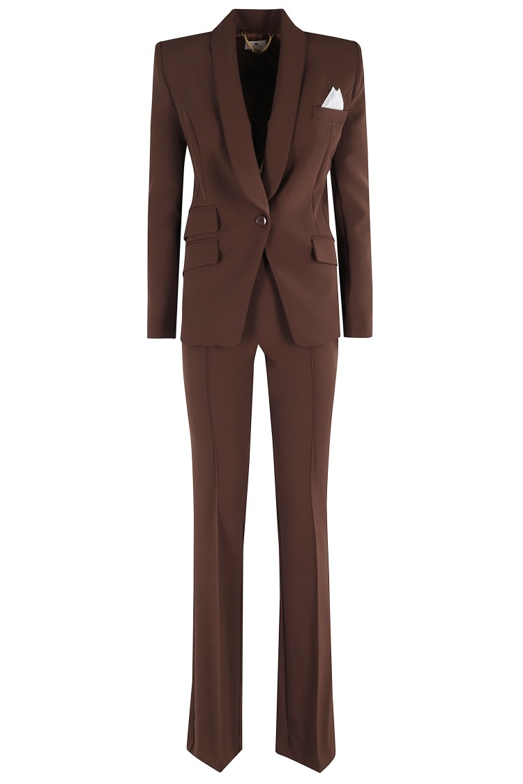 Elisabetta Franchi Single-breasted Tailored Suit With Flared Pants In Brown