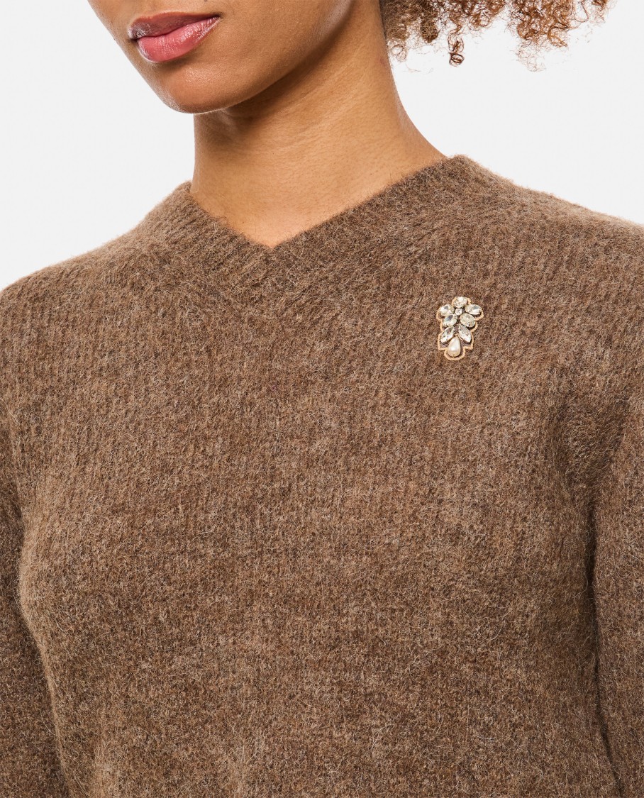 Simone Rocha Cropped V-neck Alpaca Knit Jumper In Brown