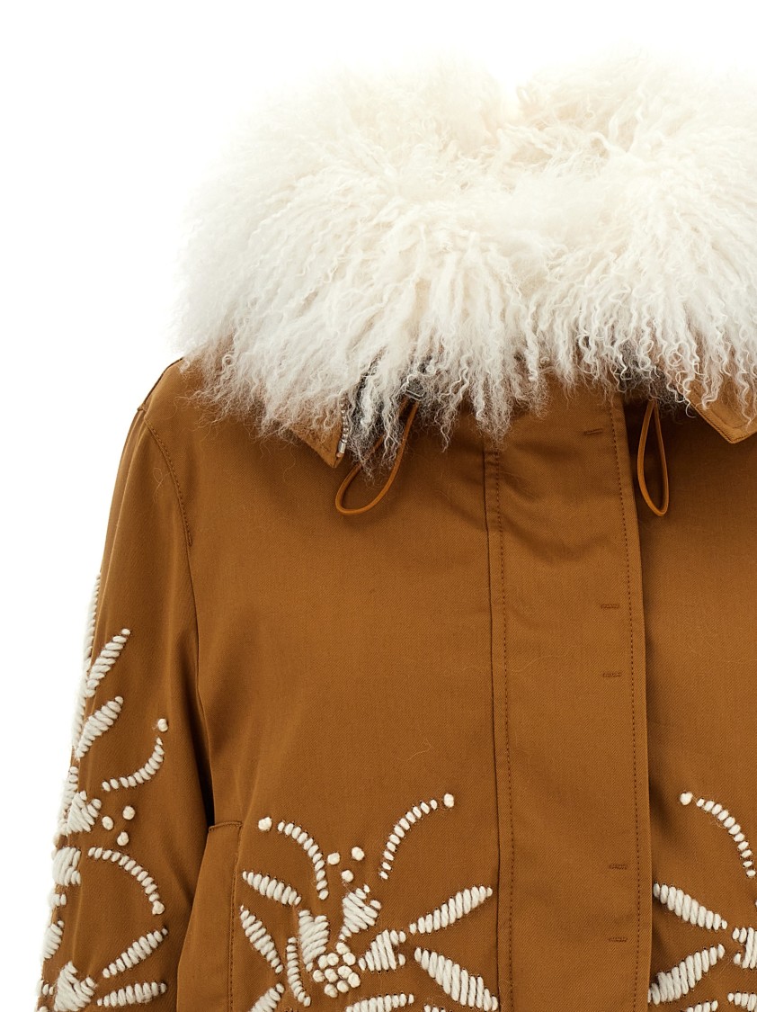Ermanno Scervino Fur-embellished Cotton Parka With Quilted Lining In Brown