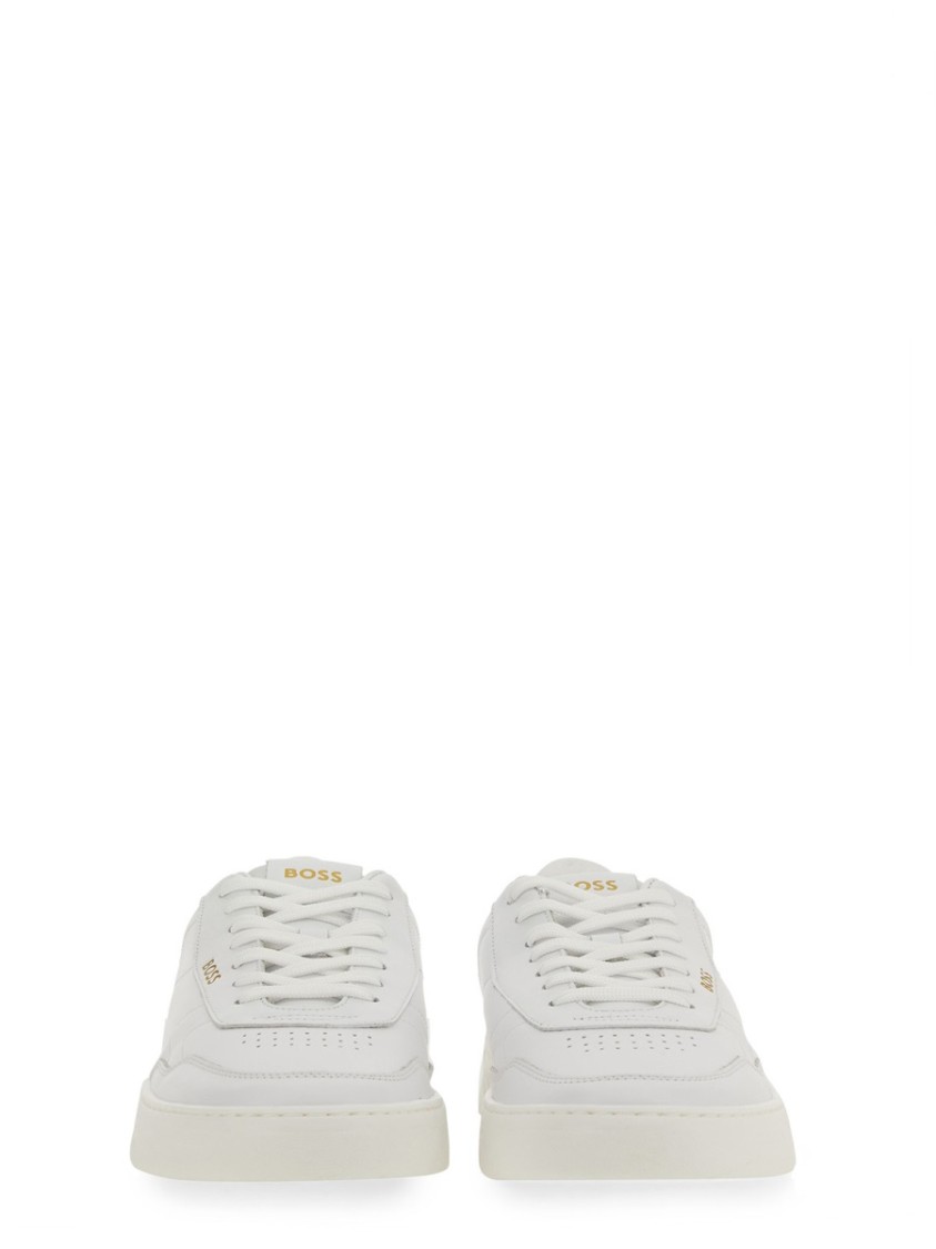 Hugo Boss Gary Tenn Mens Leather Low-top Trainers With Branded Lace Loop Nos In White