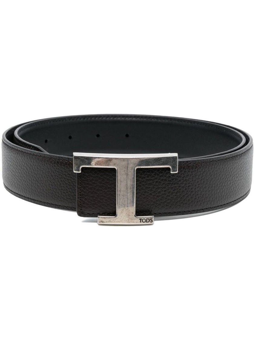 Tod's Textured Black Belt With Prominent T-shaped Buckle In Black