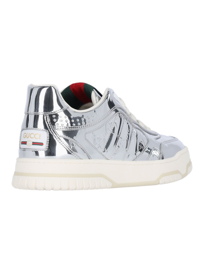 Gucci Metallic Leather "re-web" Sneakers – Silver In Silver