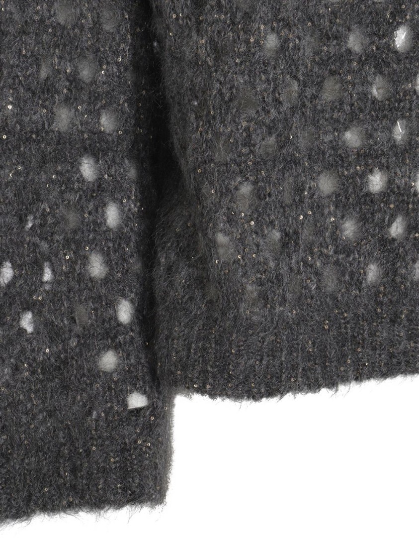 Brunello Cucinelli Open-knit Grey Sweater With Metallic Threads In Gray