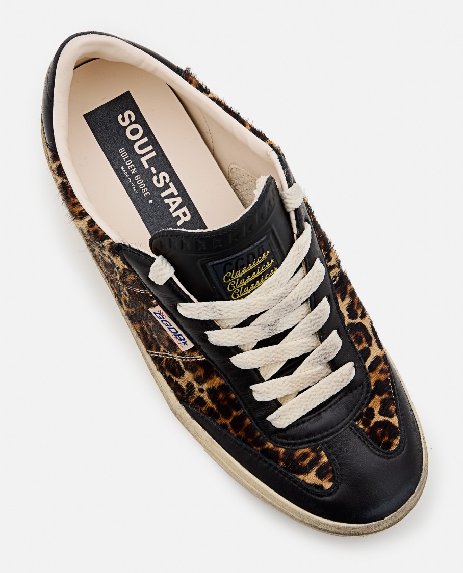 Golden Goose Soul Star Sneakers In Leopard-print Pony Skin With Black Nappa Leather Heel Tab And Inserts In Brown
