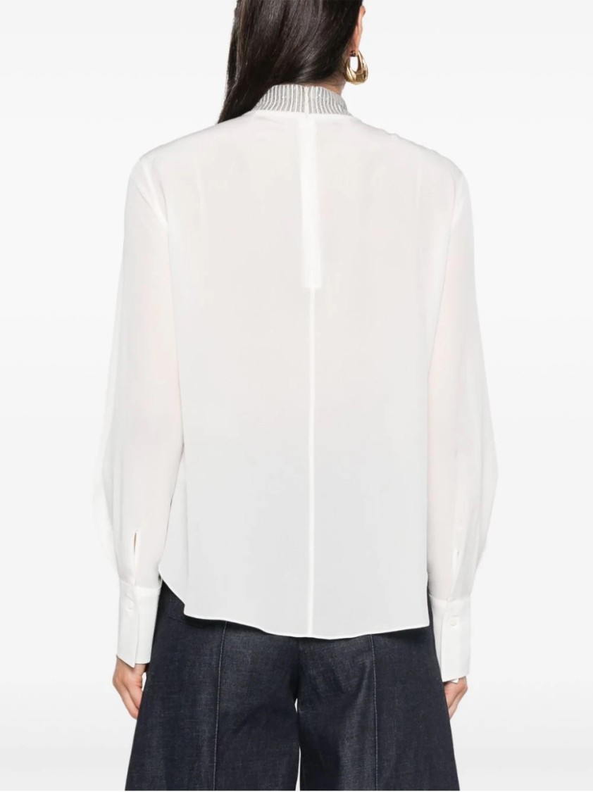 Brunello Cucinelli Long-sleeve Top With High Neckline And Shimmering Detail In White