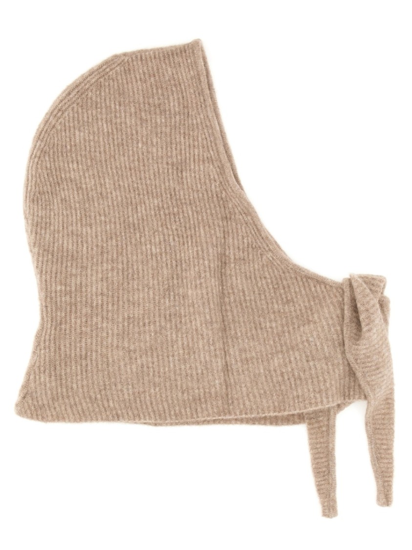 Ganni Ribbed Wool Balaclava With Unique Tie Detail In Brown