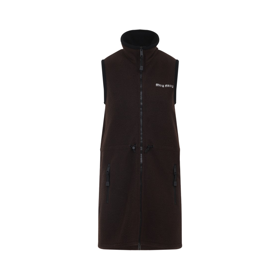 Miu Miu Mini Dress With Drawstring Waist And High Collar In Brown