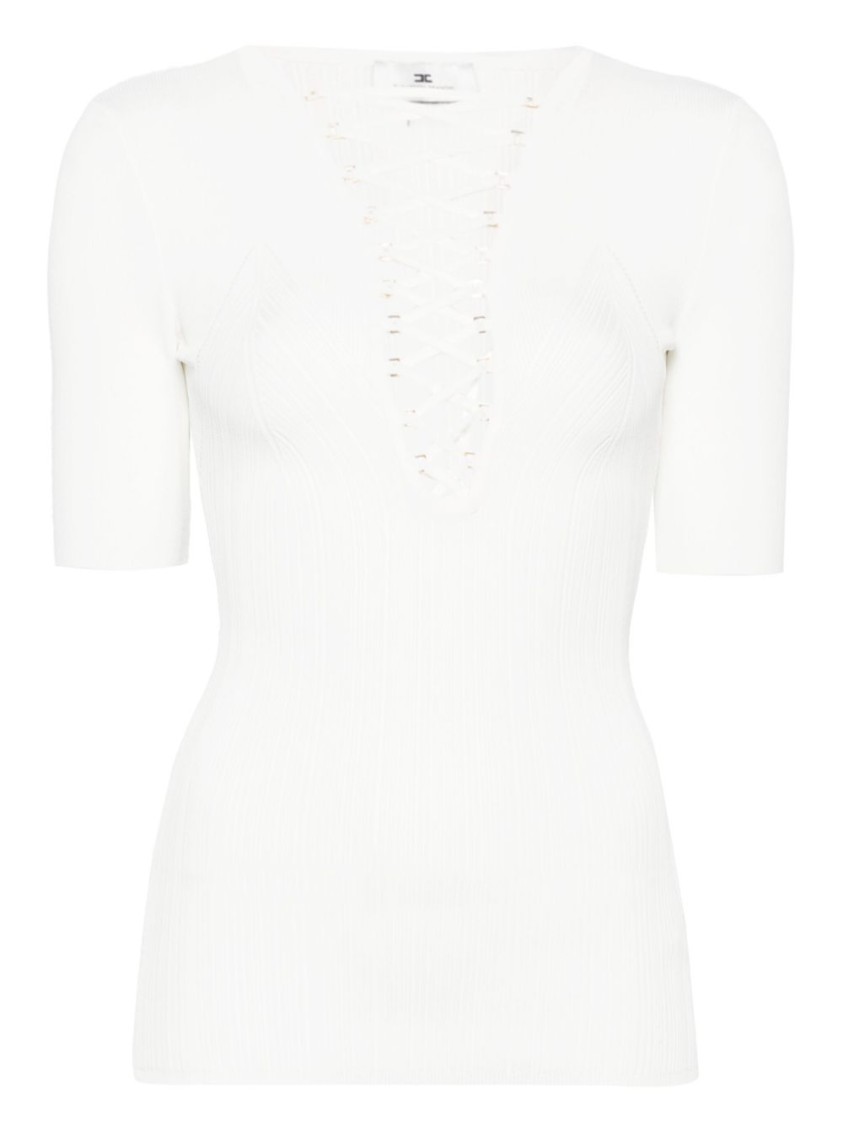 Shop Elisabetta Franchi Ivory Lace-up V-neck Top With Ribbed Texture