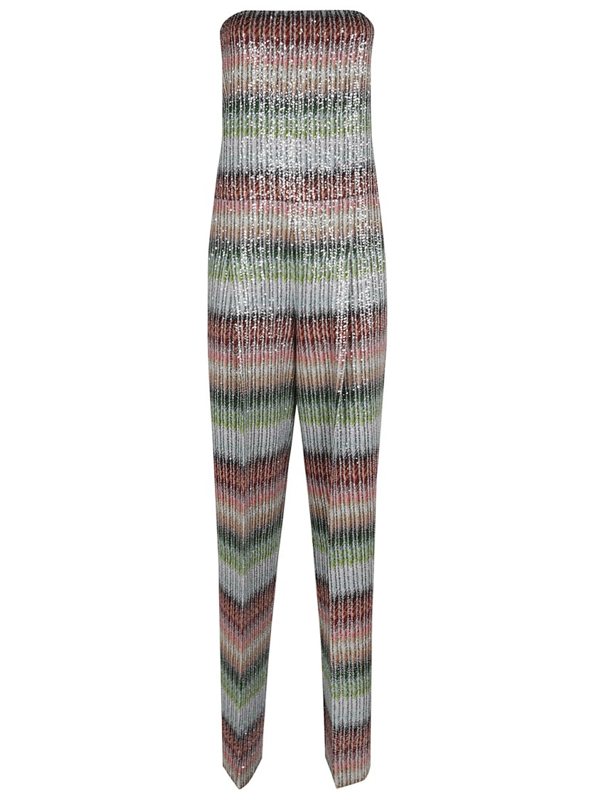Missoni Long Bustier Jumpsuit In Gradient Zigzag Knit With Sequins In Grey