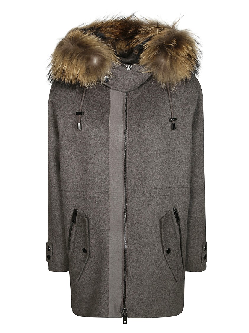 P.a.r.o.s.h . Relaxed Silhouette Wool Parka With Fur Trim In Gray