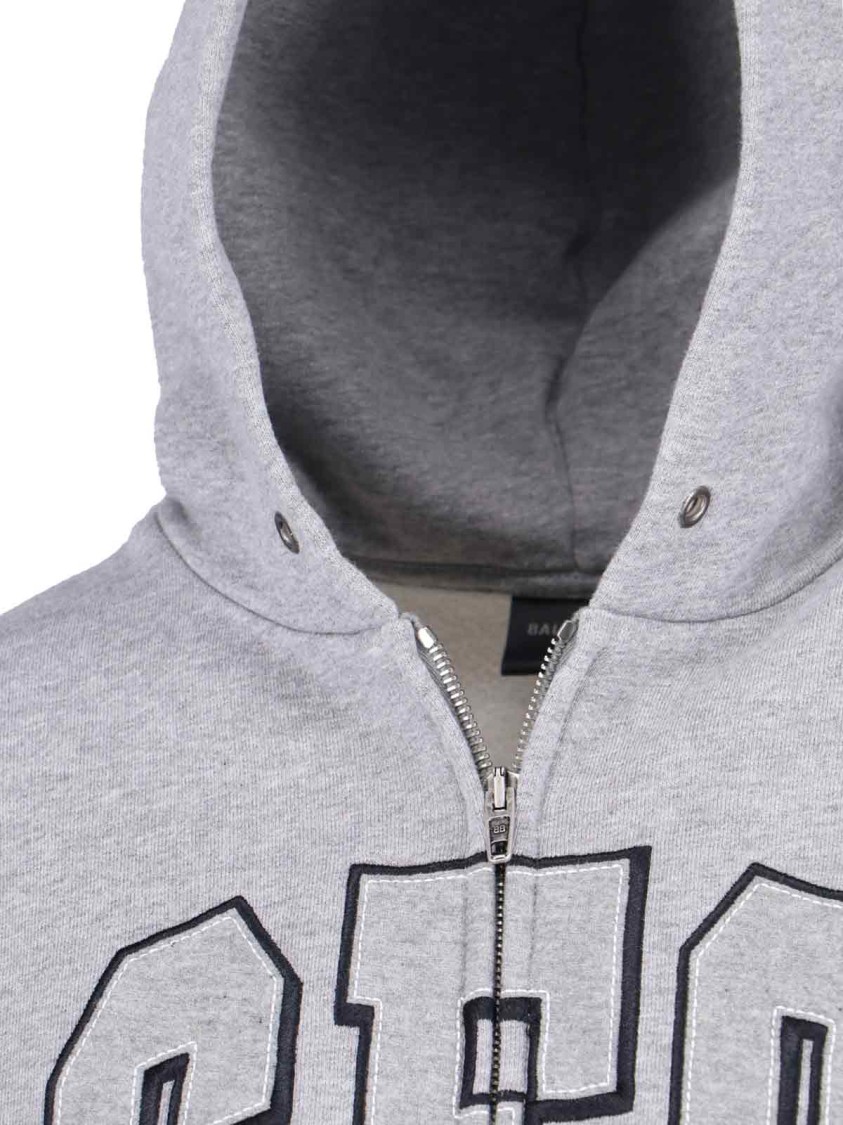 Balenciaga Zip Front Hoodie With Contrast Logo And Ribbed Details In Gray