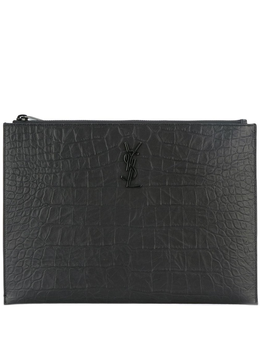 Saint Laurent Monogram Clutch With Embossed Crocodile Leather Effect In Black