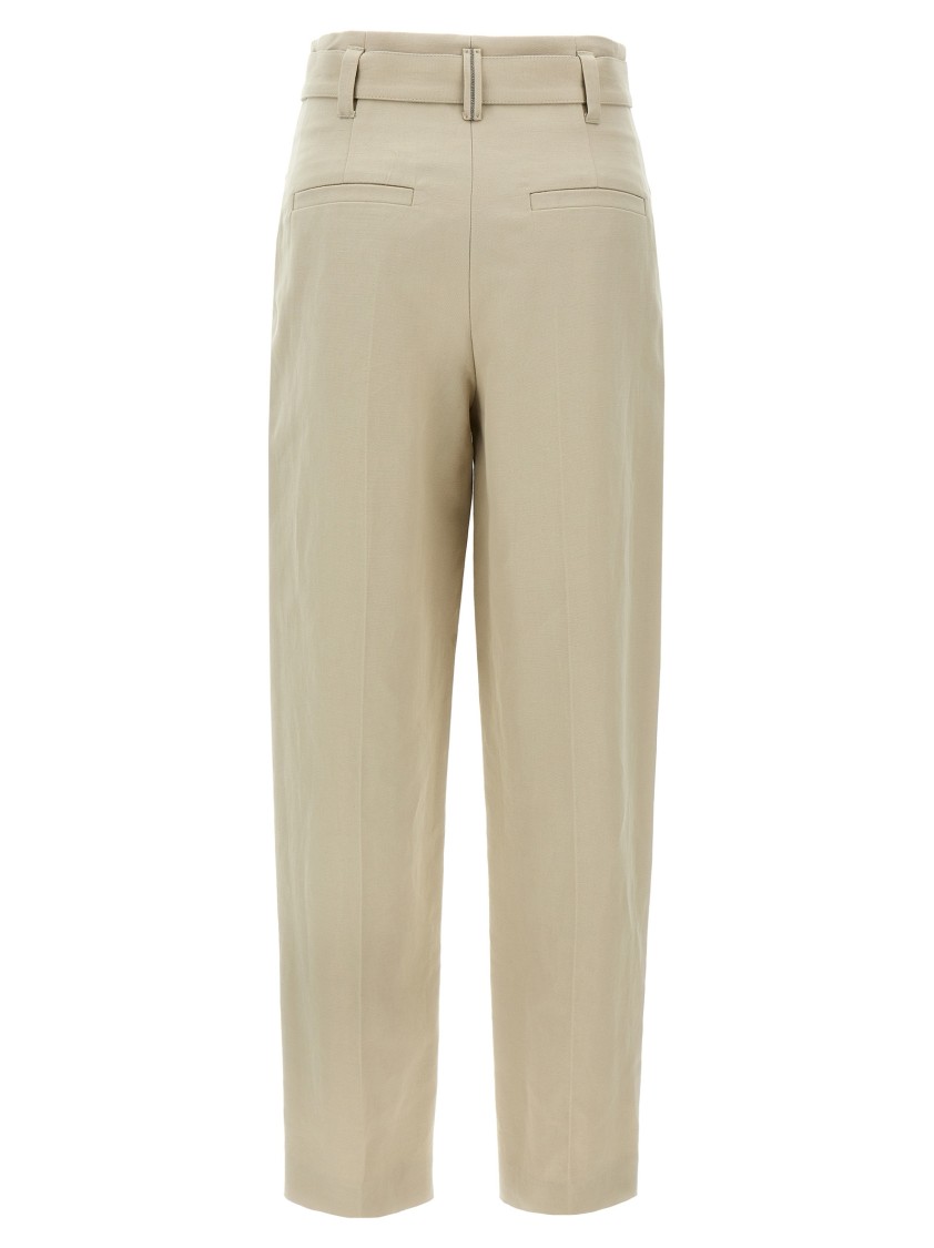 Brunello Cucinelli High-waisted Cotton-linen Trousers With Adjustable Belt In Neutral