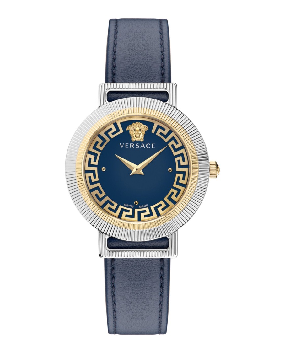 Versace Sophisticated Greca Motif Leather Watch With Enamel Dial