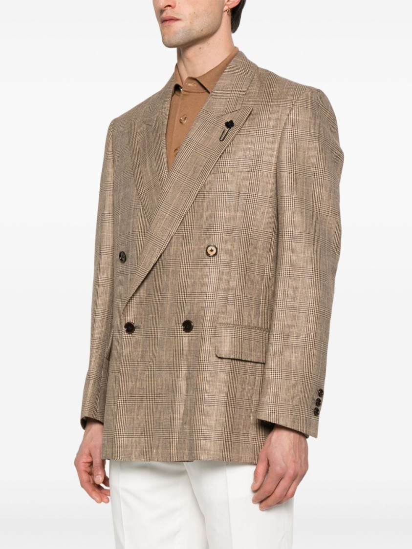 Lardini Double-breasted Brown Jacket With Textured Plaid Pattern In Pink