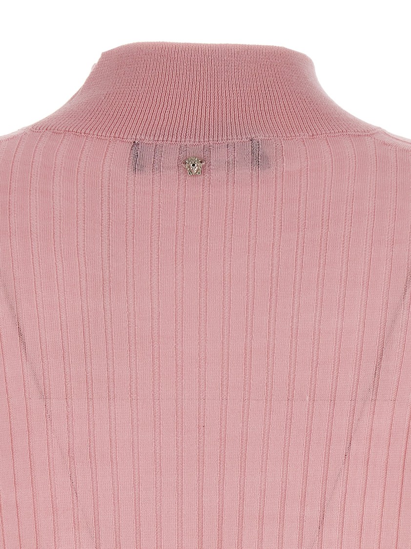 Versace Fitted Ribbed Wool Sweater With High Neck In Pink