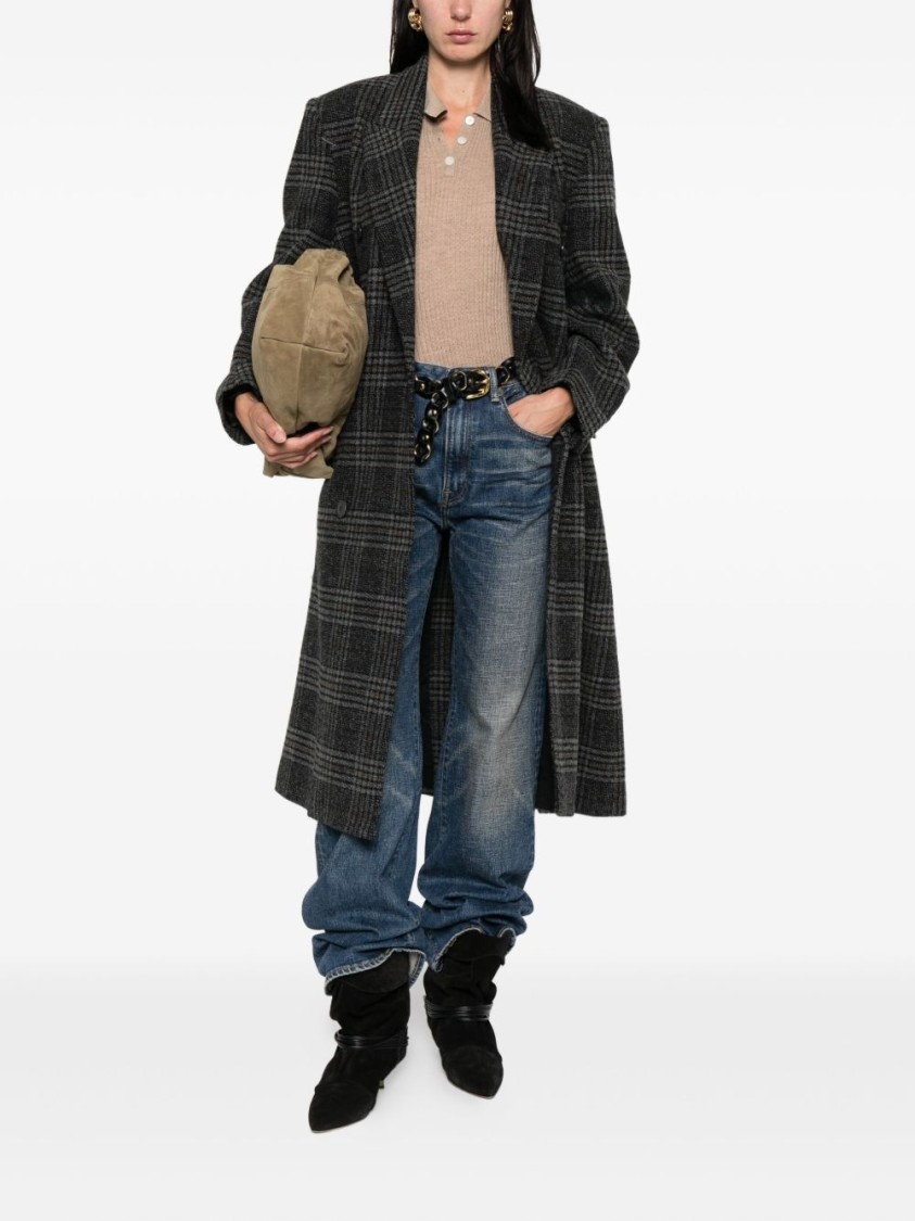 Isabel Marant Étoile Double-breasted Grey Plaid Coat With Structured Silhouette In Black