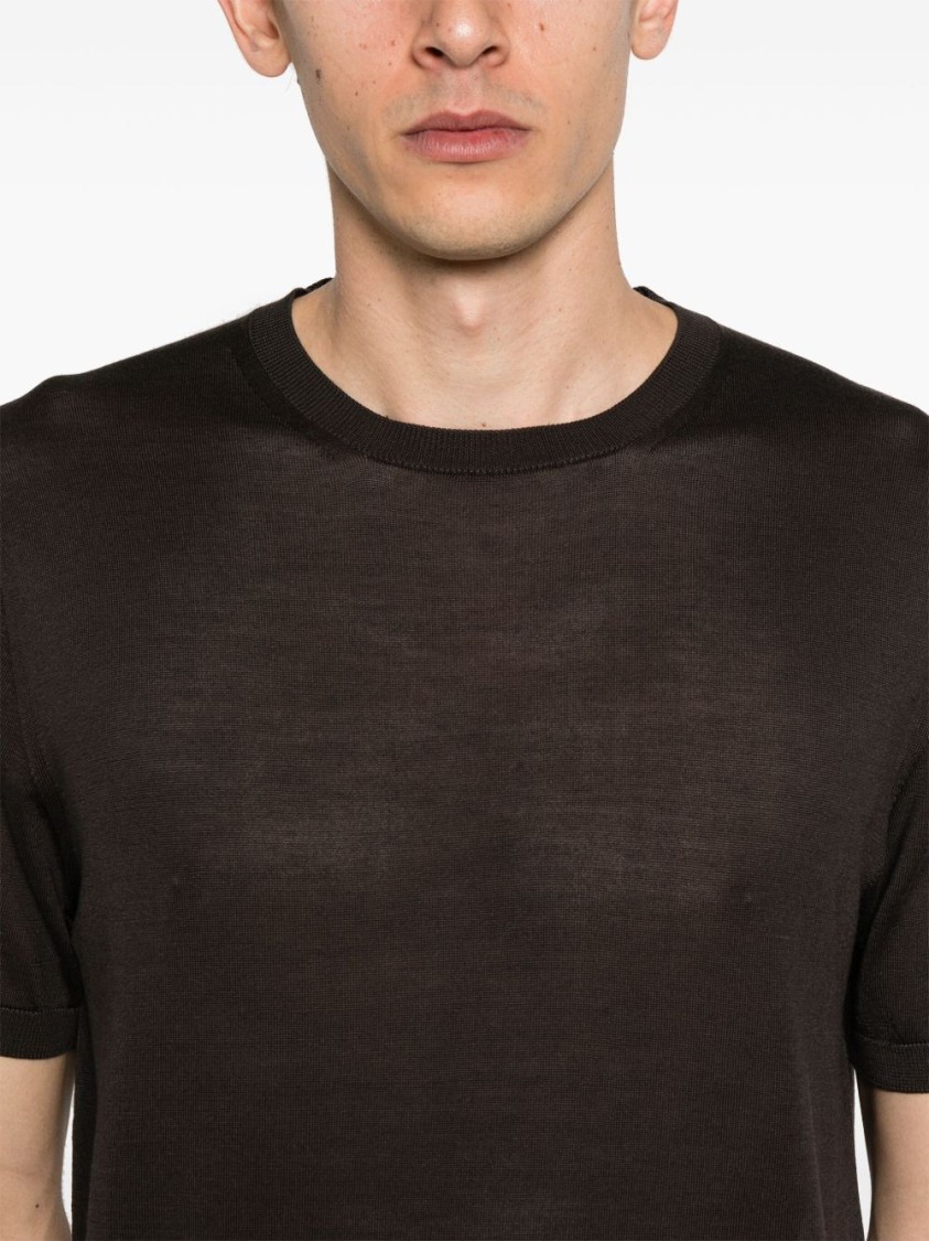 Corneliani Short-sleeved Silk Knitwear Top With Crew Neckline In Black