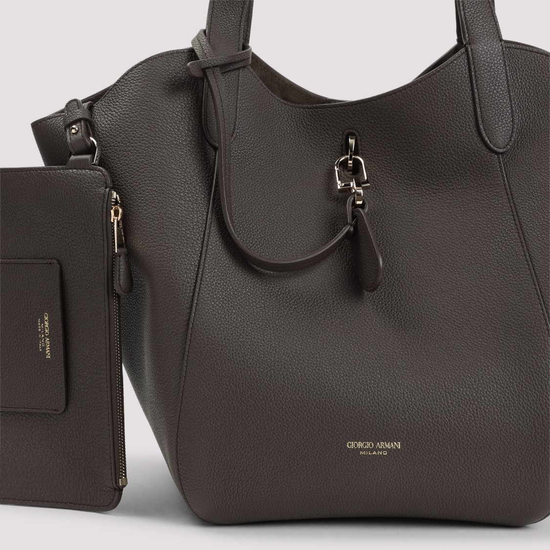 Giorgio Armani Logo Stamp Grained Leather Shoulder Bag In Grey