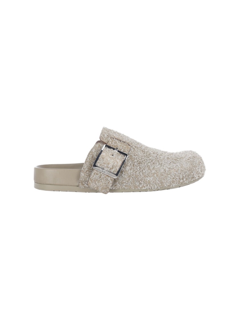 Loewe Ease Buckle Brushed Suede Mules In Green