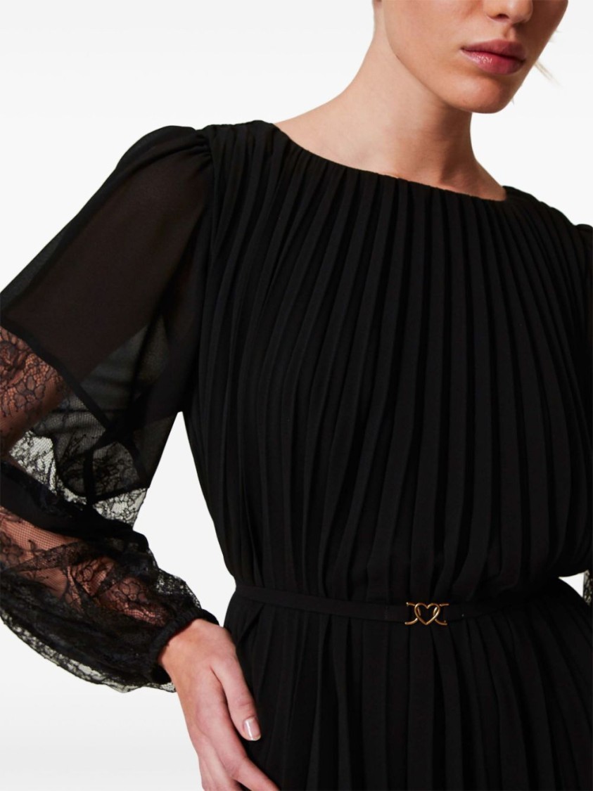 Twinset Twin-set Pleated Dress With Sheer Lace Sleeves