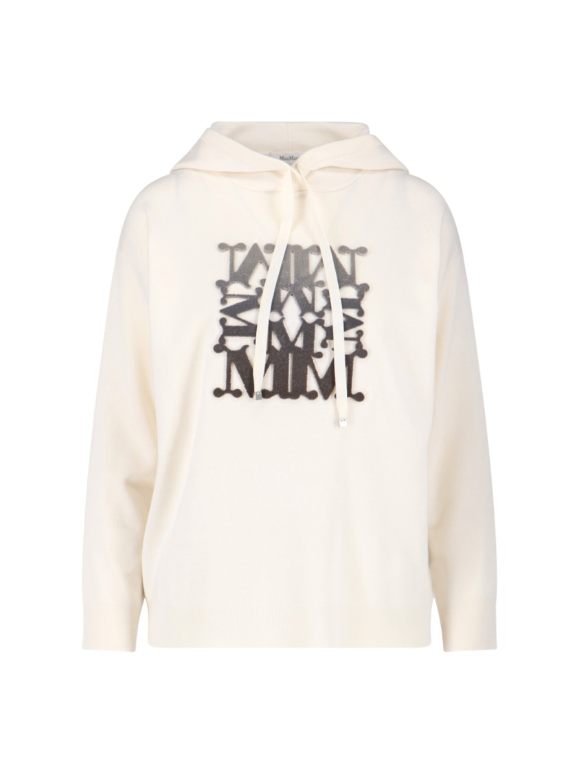 Max Mara Virgin Wool Hoodie With Teddy Texture And Contrast Logo In Neutral