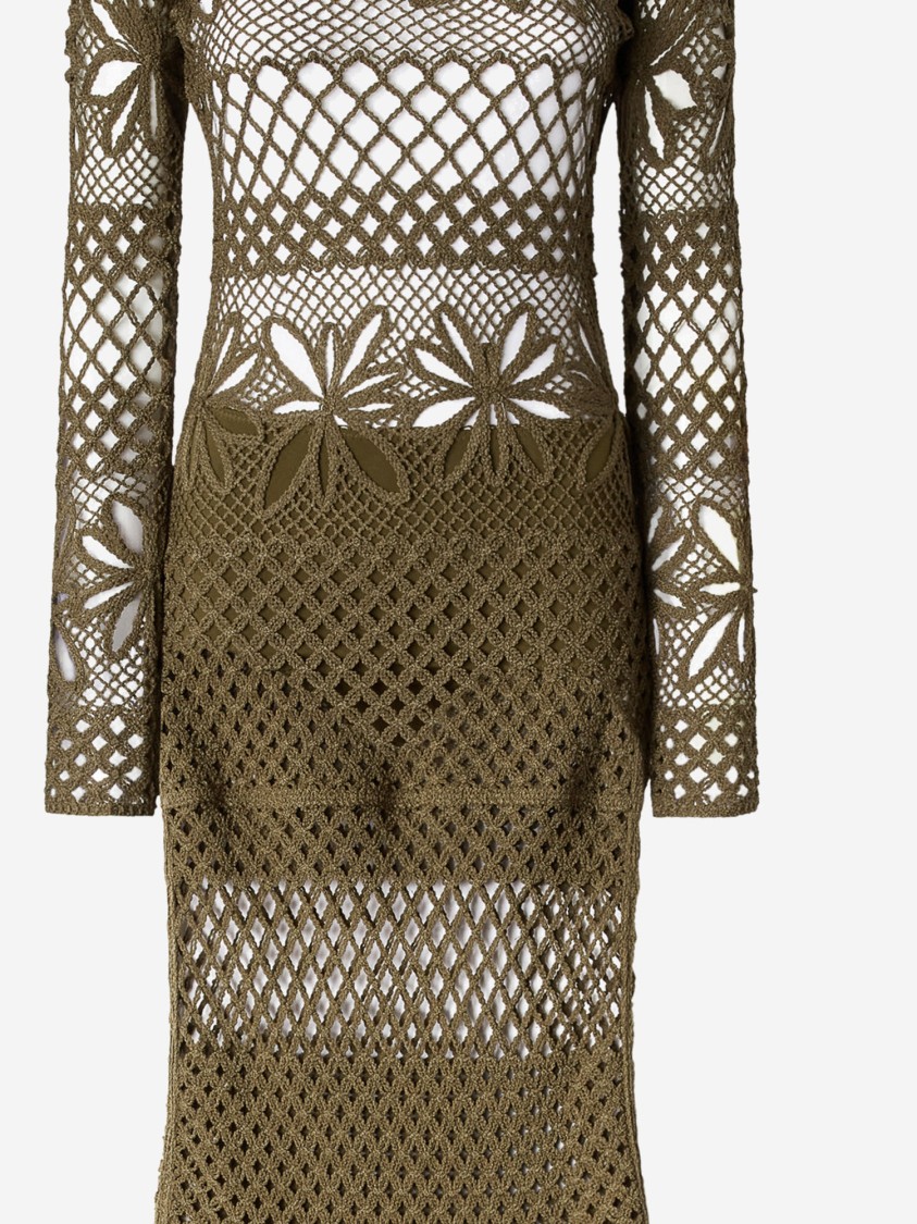 Pinko Long Open-work Crochet Dress With Diamond And Floral Patterns In Green