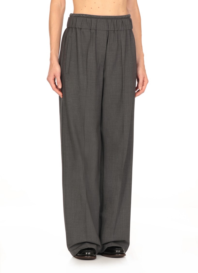 Brunello Cucinelli Grey Pants With Elastic Waist In Wool Blend Stretch Woman In Grey