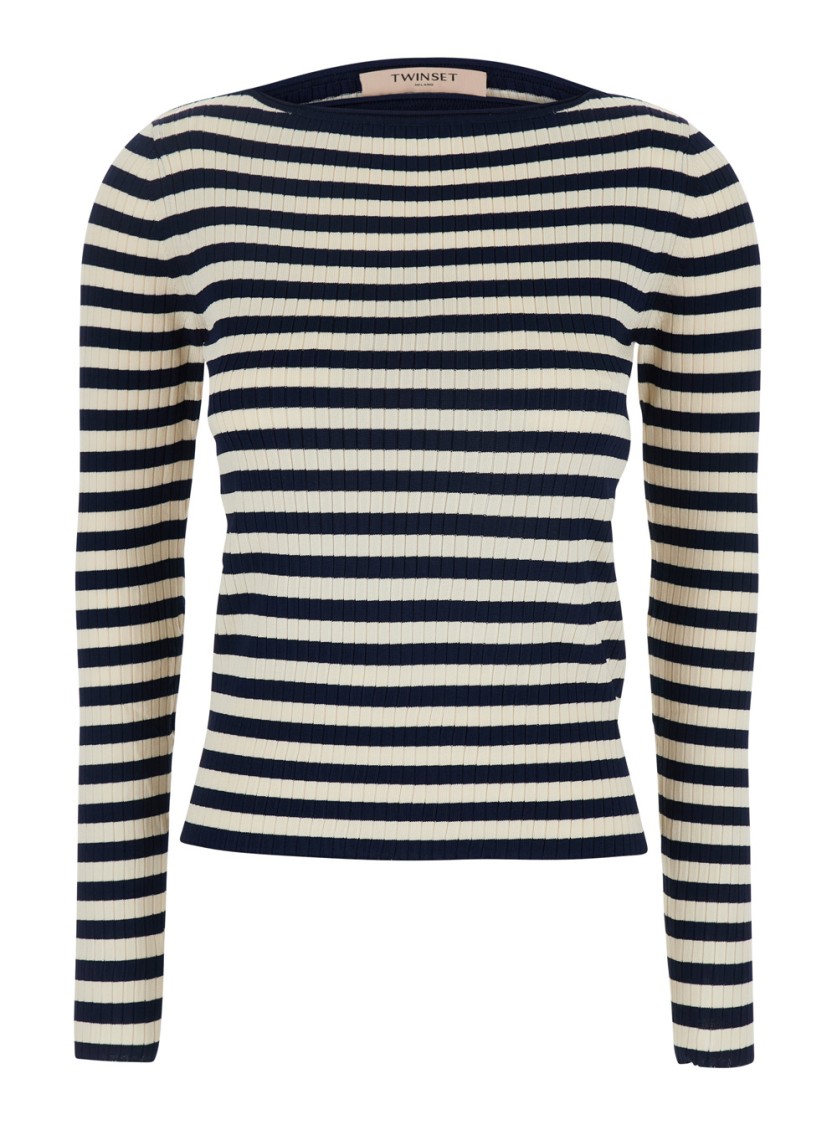 Twinset White And Black Top With Ribbed Design And All-over Striped Motif In Viscose Woman