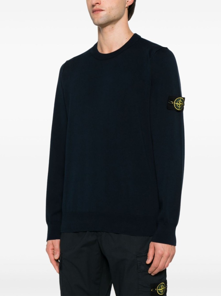 Stone Island Ribbed Detail Crew Neck Sweatshirt With Iconic Badge In Black