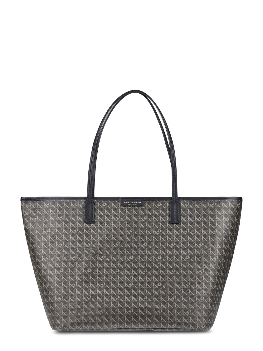 Tory Burch Spacious Black Cotton Tote With Structured Silhouette In Gray