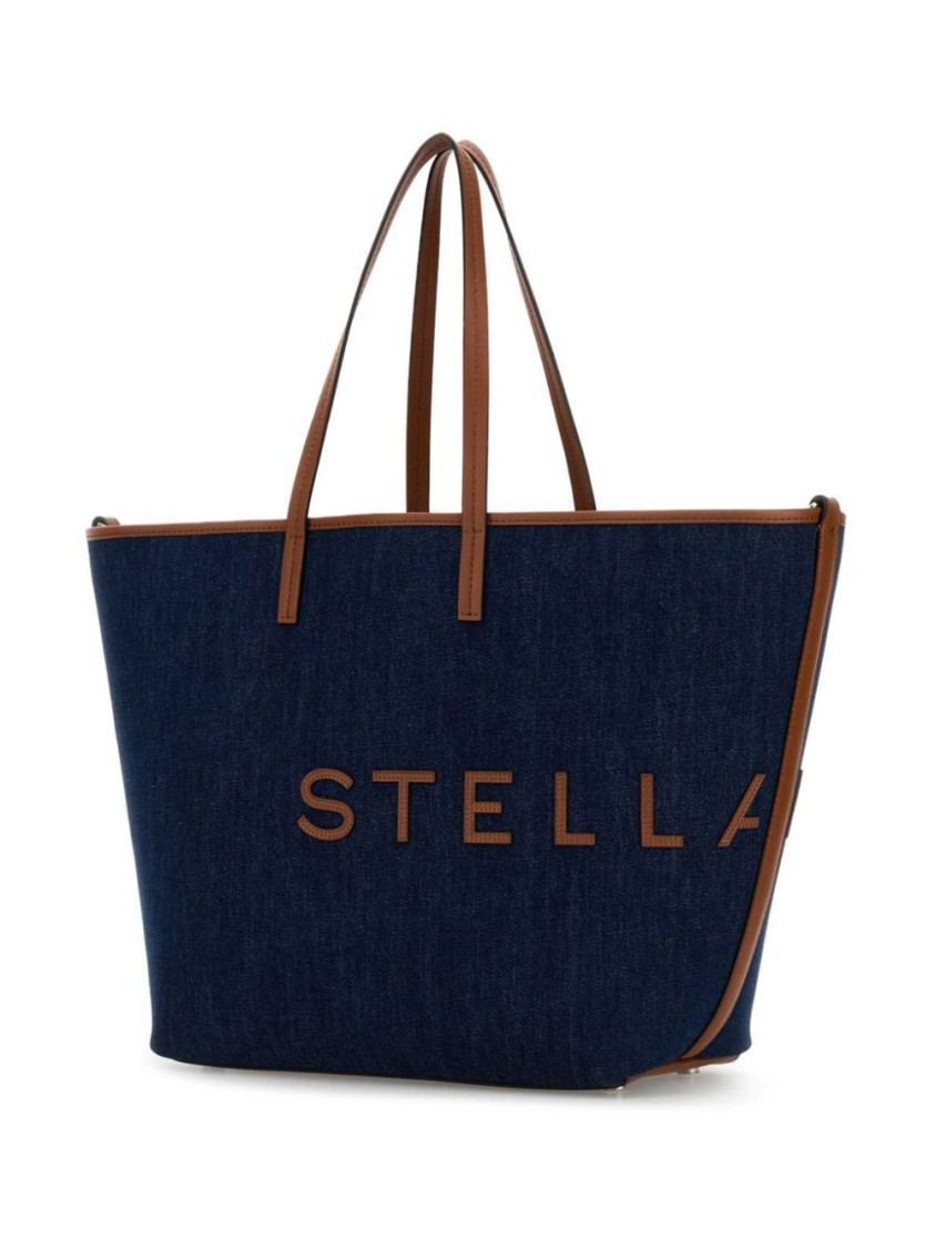 Stella Mccartney Structured Tote Bag With Denim-like Texture And Bold Lettering In Blue