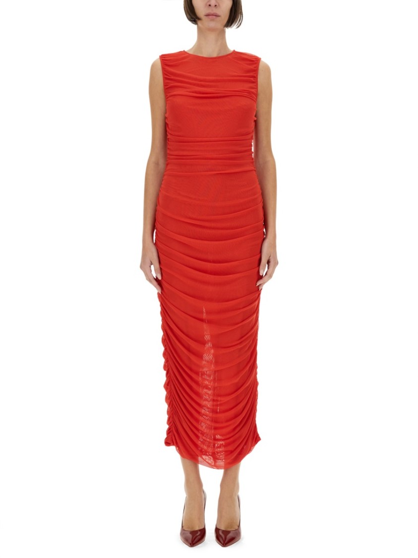 Rotate Birger Christensen Gathered Detail Mesh Midi Dress In Red