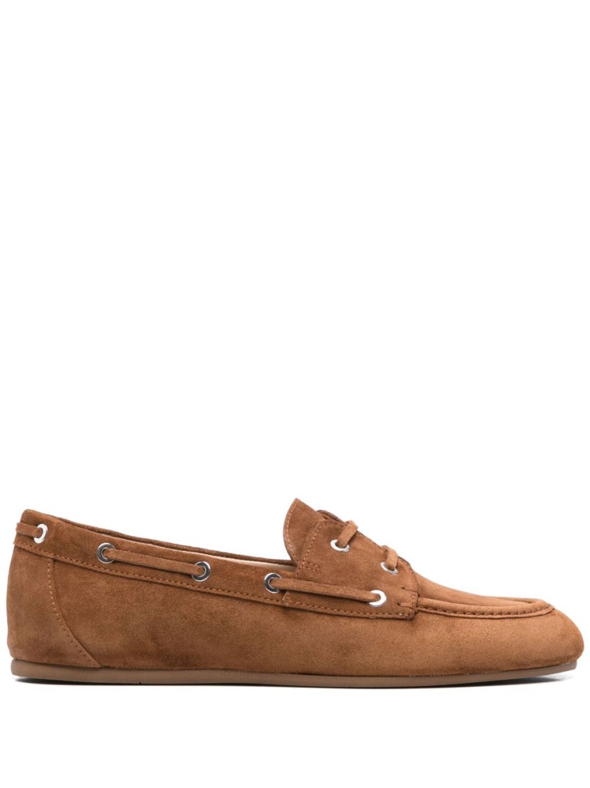 Stuart Weitzman Suede Flat Loafers With Decorative Lacing In Brown