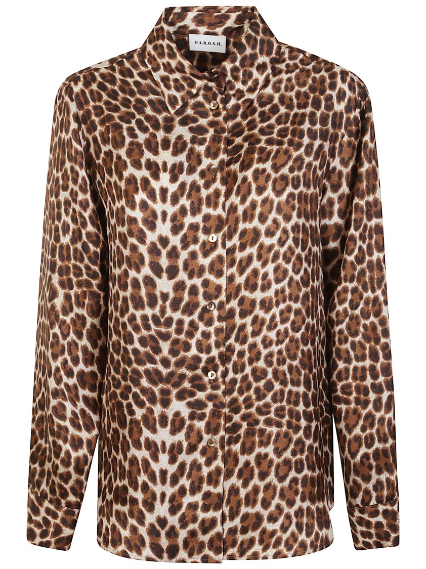 P.a.r.o.s.h . Leopard Print Silk Shirt With Pointed Collar And Overfit Silhouette In Brown