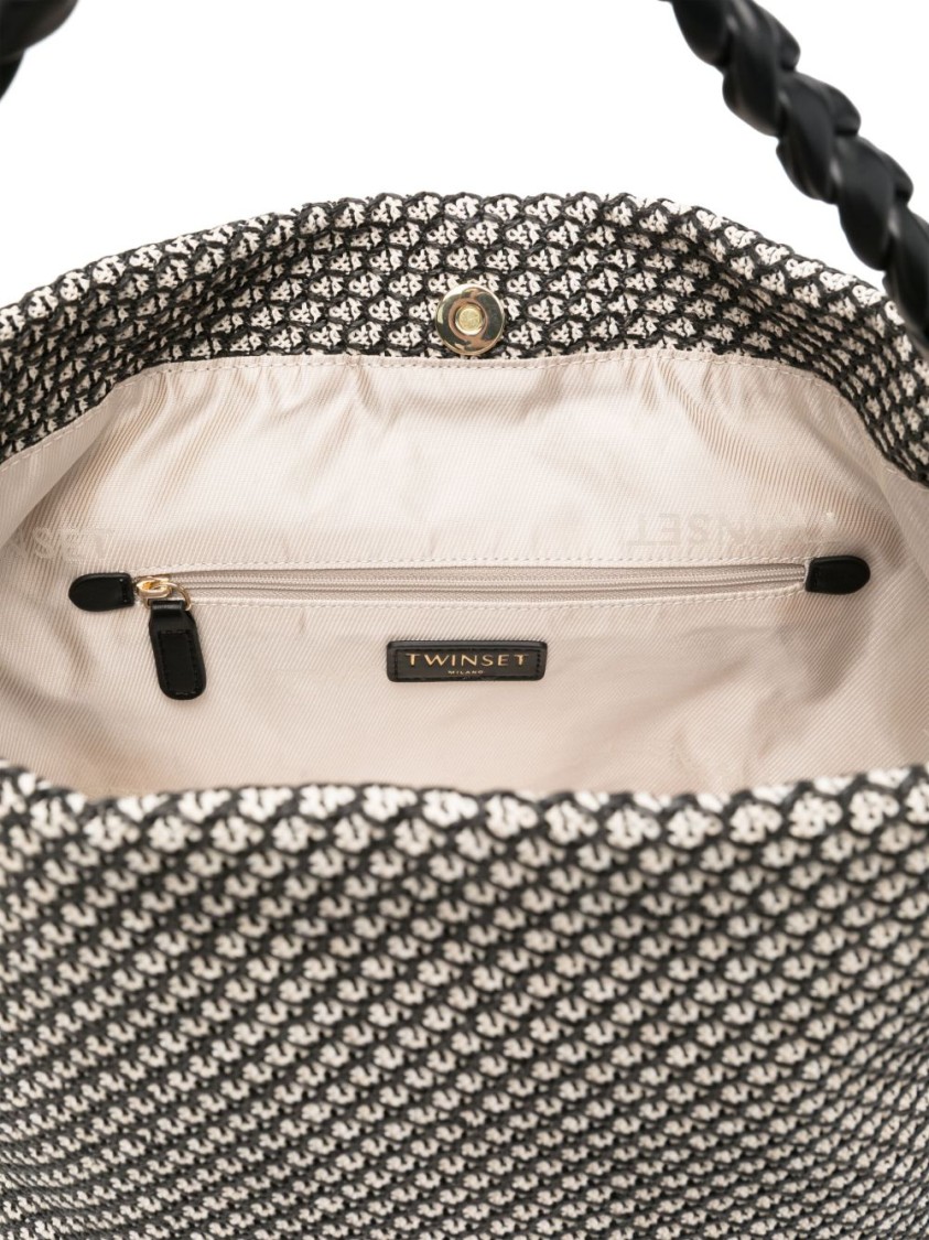 Shop Twinset Twin-set Textured Black Handbag With Braided Handle And Concealed Fastening