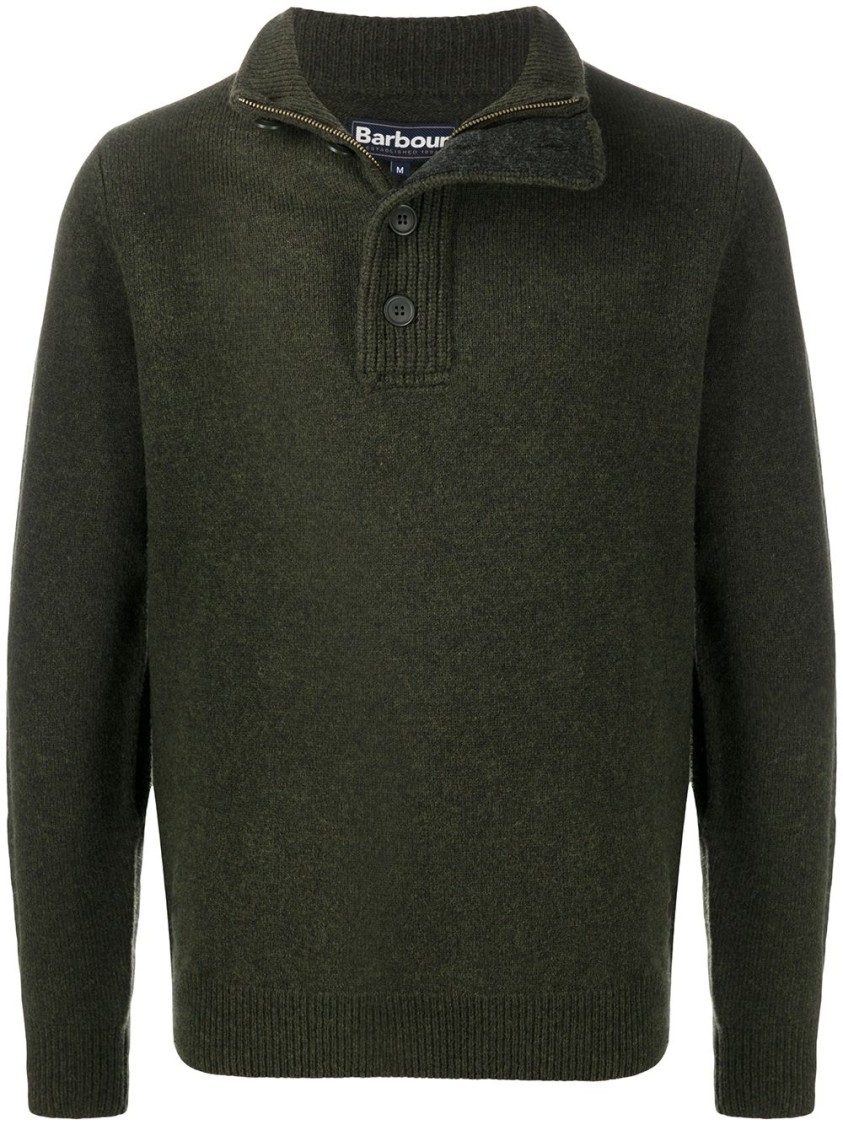 Barbour Forest Green Wool Knit Sweater With Ribbed Detailing And Button Accents In Green