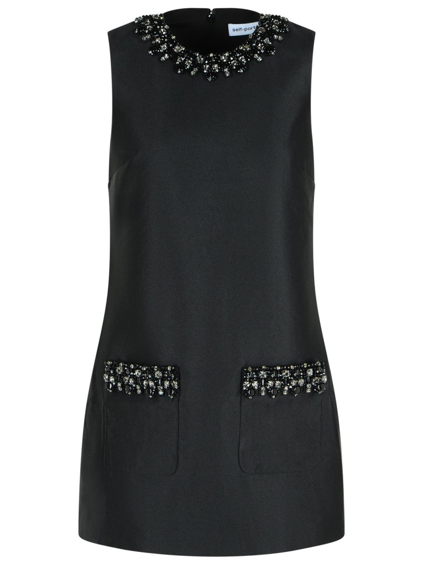 Self-portrait Sleeveless Black Midi Dress With Beadwork And Patch Pockets In Black